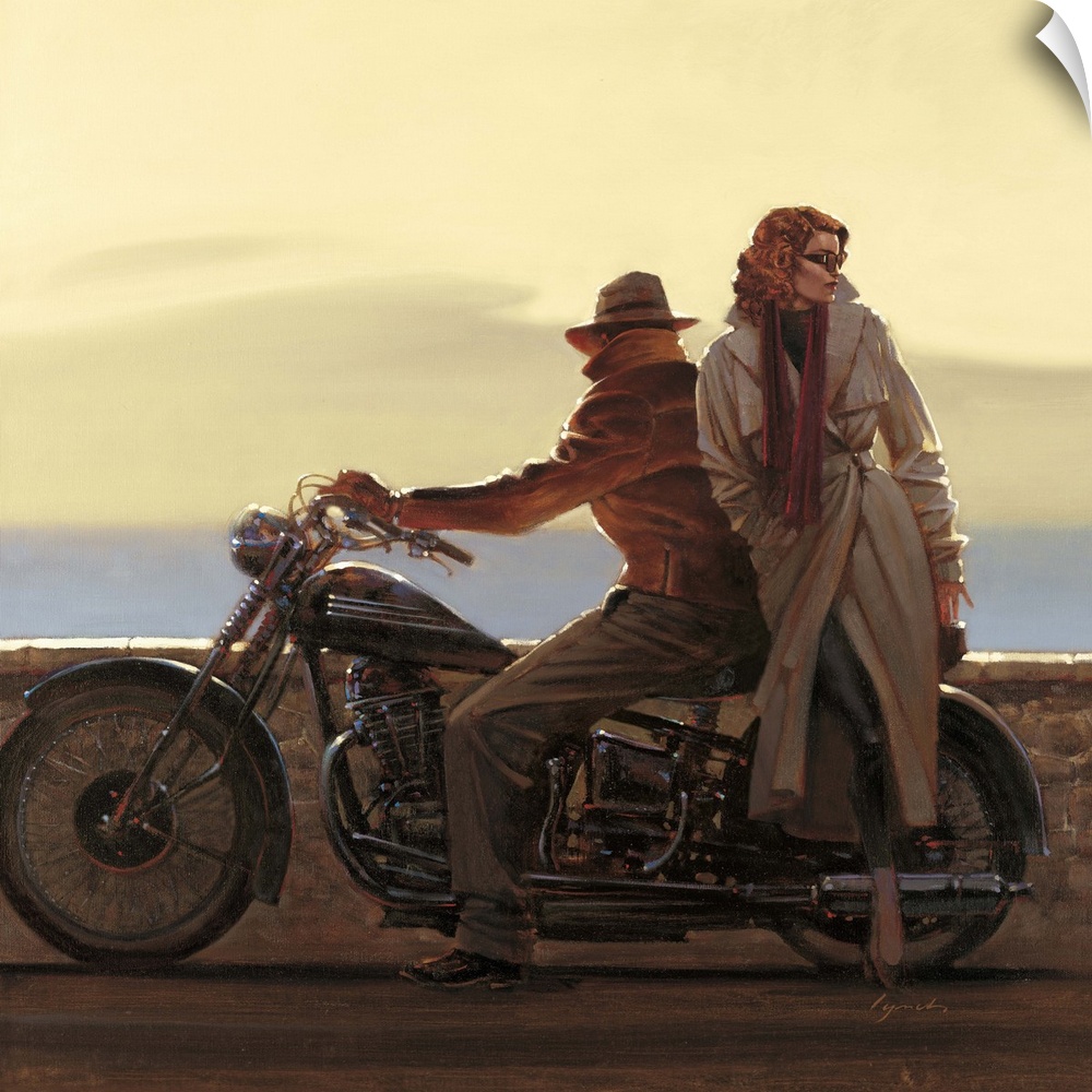 Contemporary painting of man sitting on a motorcycle with a woman standing beside him.