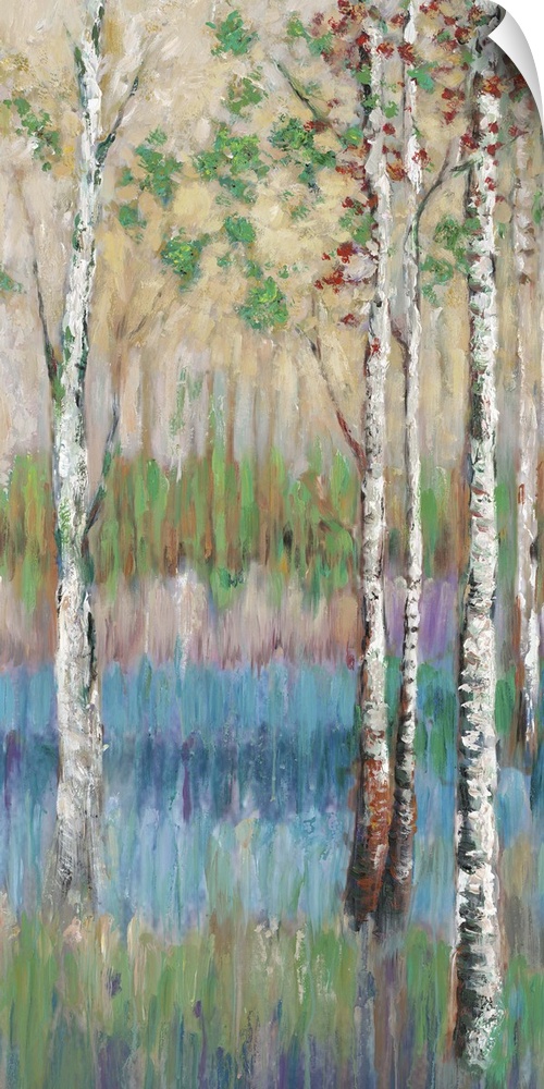 Contemporary artwork of tall slender birch trees with a colorful forest floor.