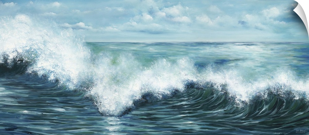 Contemporary artwork of a wave curling and splashing off the ocean.