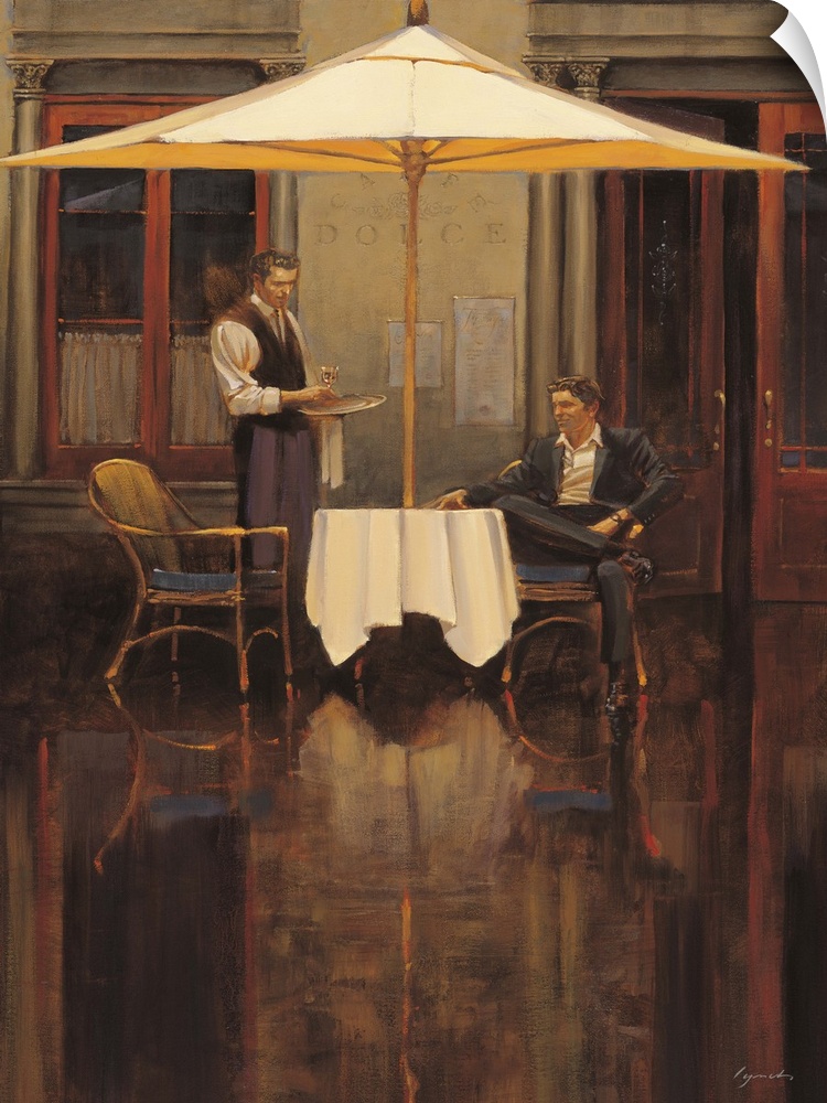 Contemporary painting of a man sitting at a table outside a bistro looking to his right.