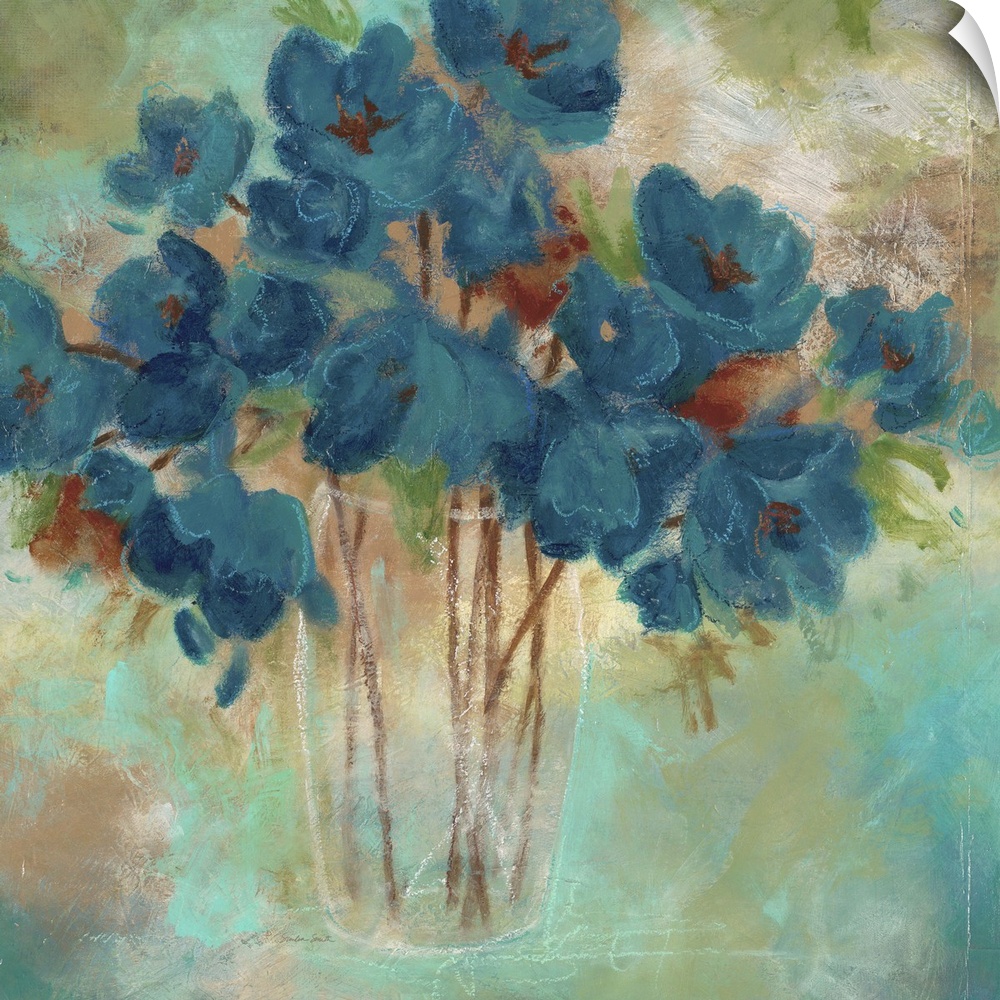 Aqua toned painting of a bouquet of flowers in a glass vase.