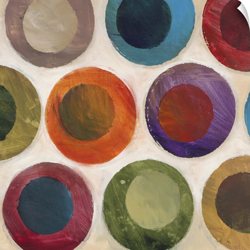 Contemporary abstract painting of multi-colored circles against a beige background.