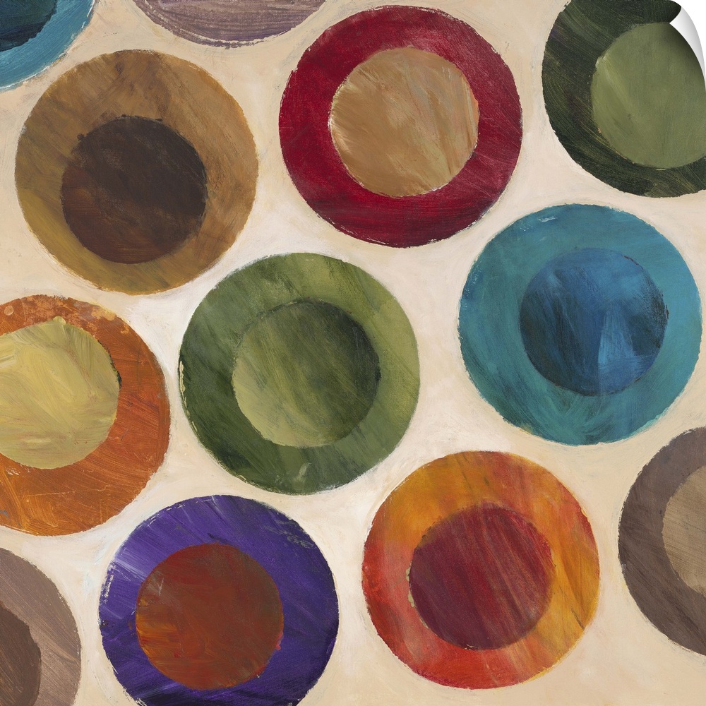 Contemporary abstract painting of multi-colored circles against a beige background.