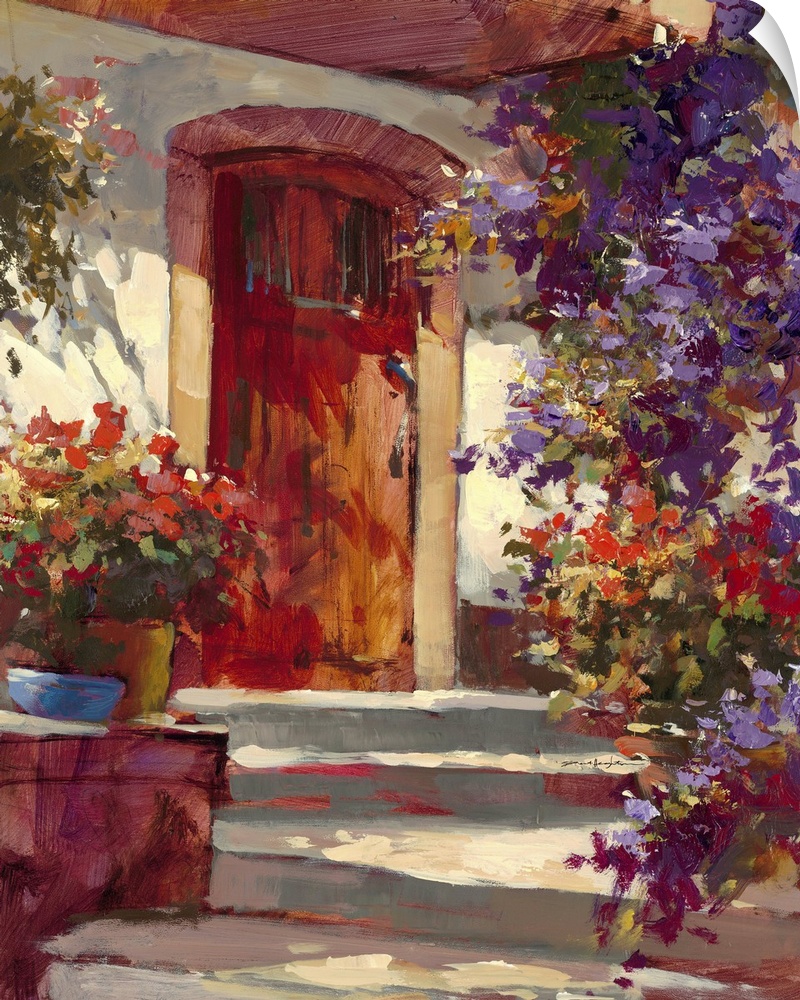 Contemporary painting of a village house front door, with vibrant flowers all around.