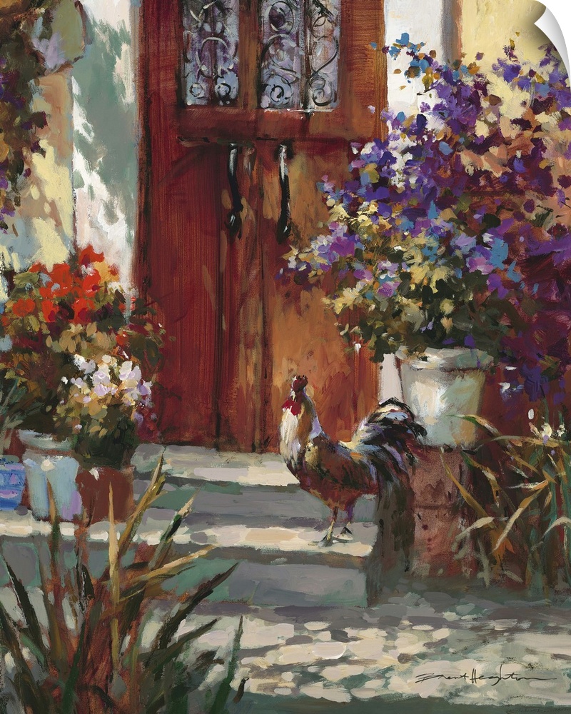 Contemporary painting of a village house front door, with a rooster surrounded by vibrant flowers all around.