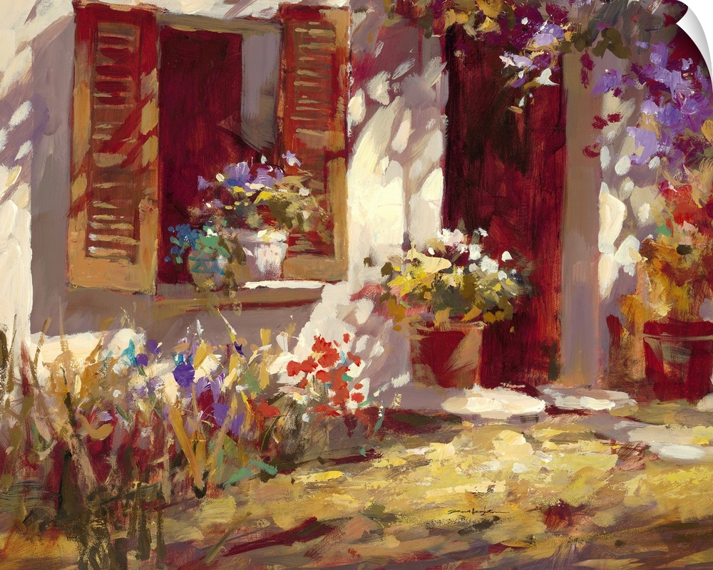 Contemporary painting of a village house front door, with vibrant flowers all around.
