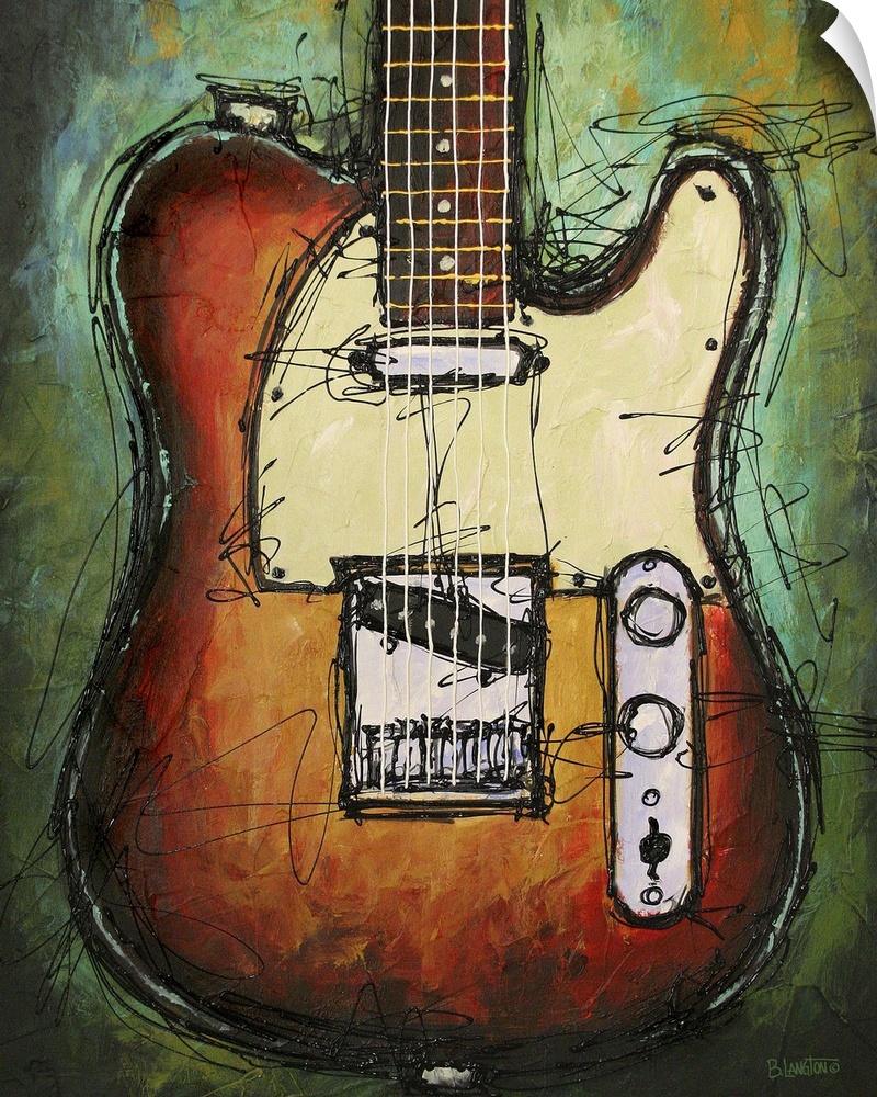 Contemporary painting of a guitar against a green background.