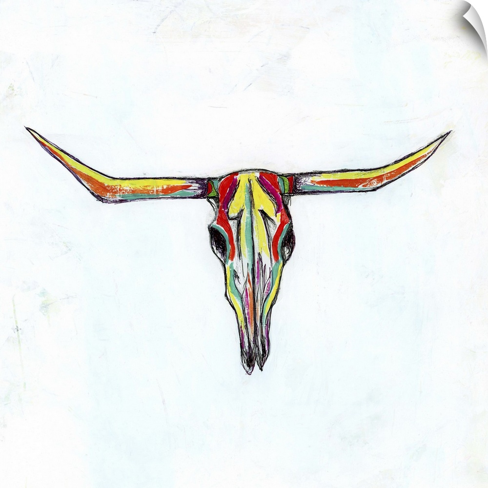 Contemporary painting of a multi-colored cow skull with long horns.
