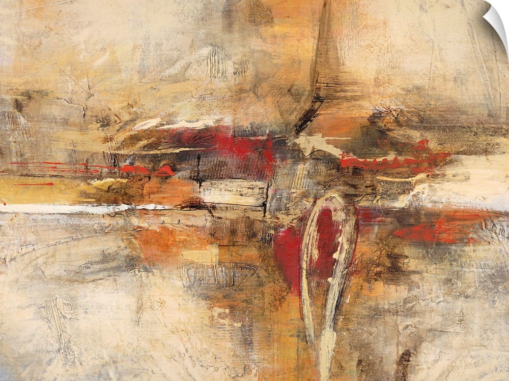 Contemporary abstract art print with a heavy texture effect in coppery shades of orange and red.