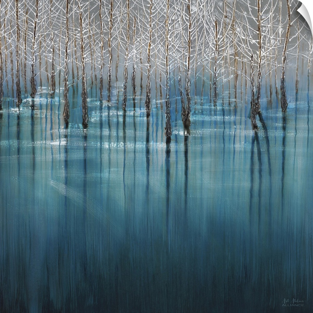 Home decor artwork of a grove of white trees standing in a crystal blue waterscape.