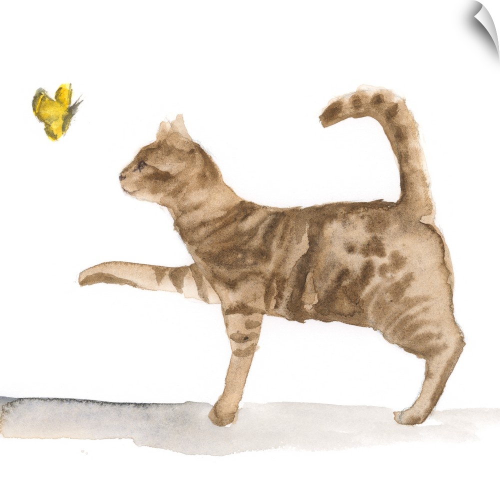 Sweet watercolor painting of a brown tabby cat chasing a butterfly.