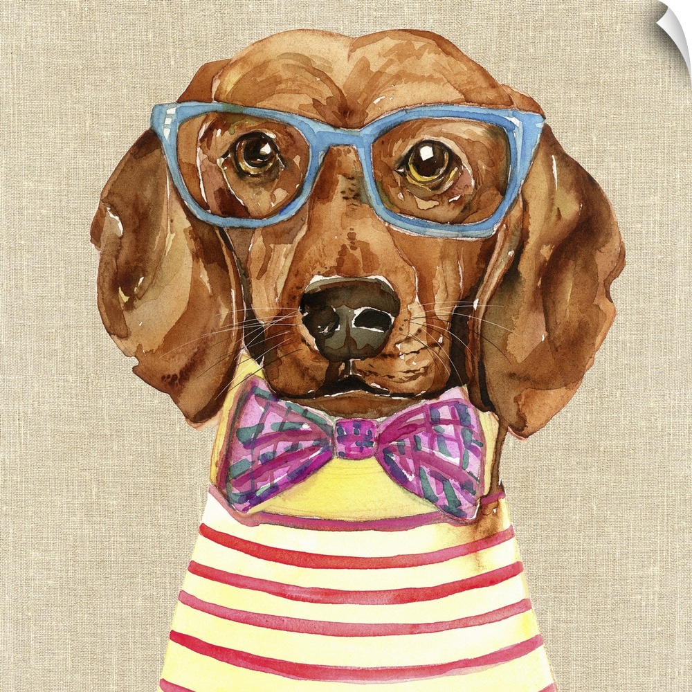 A contemporary painting of a Dachshund wearing a pink and purple bow tie and blue glasses.