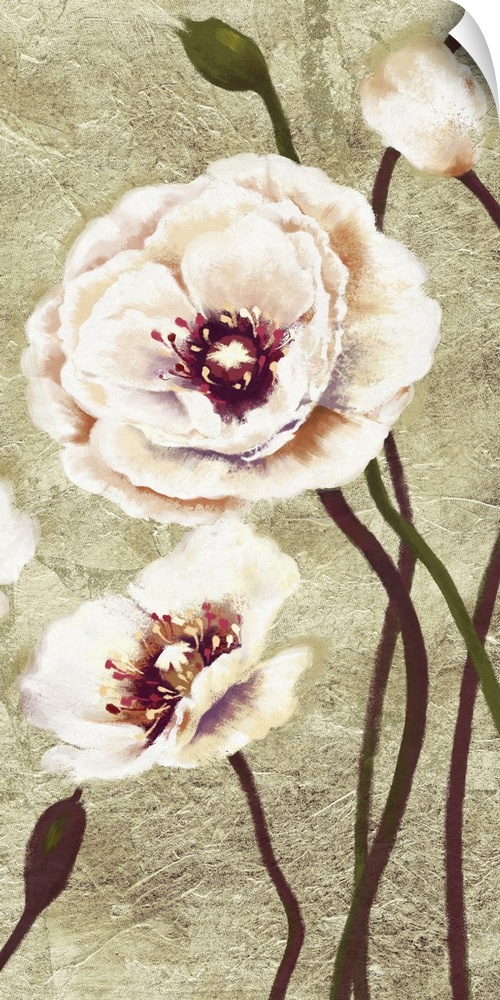 Contemporary home decor art of soft pale pink poppies against a weathered rustic background.