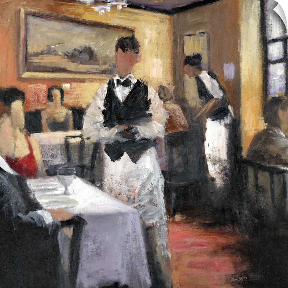 Contemporary painting of couples sitting in an elegant restaurant.