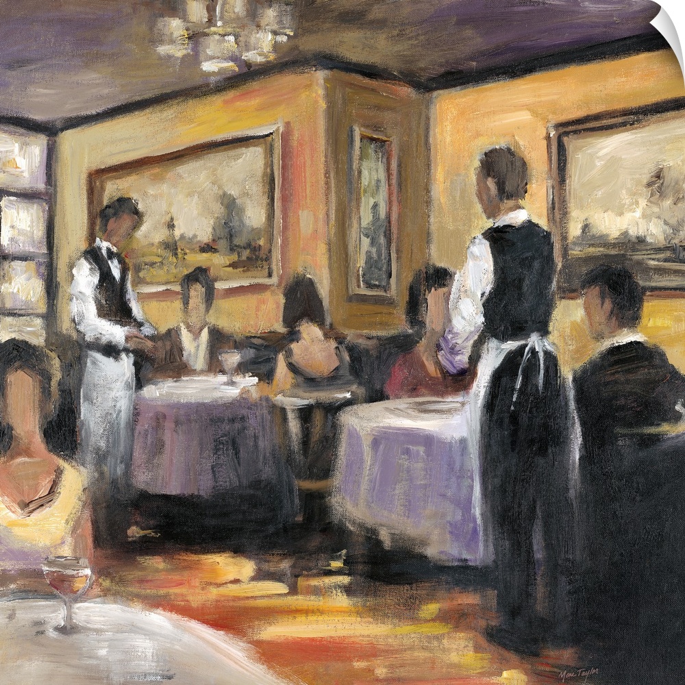 Contemporary painting of couples sitting in an elegant restaurant.