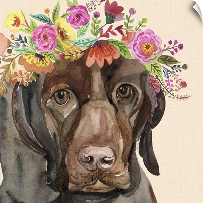 Dog with a wreath of colorful blossoms I