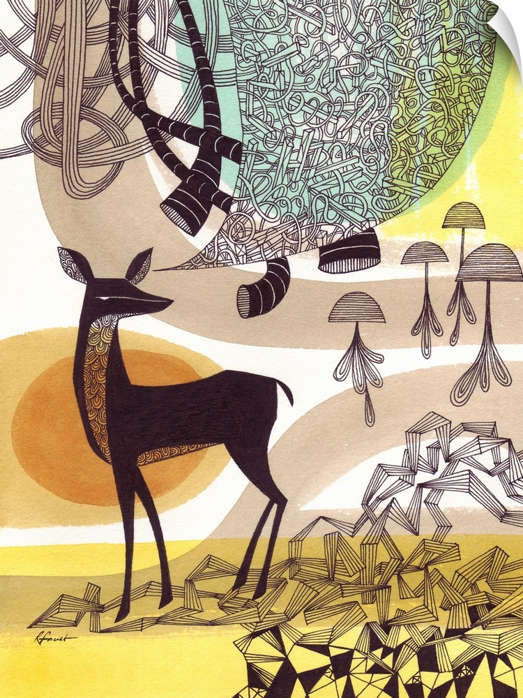 Contemporary illustration with a retro feel of a deer surrounded by intricate designs and patterns.
