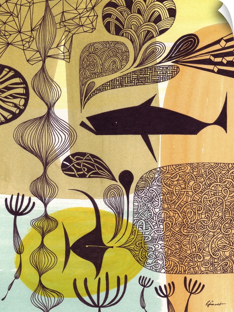 Contemporary illustration with a retro feel of a fish surrounded by intricate designs and patterns.