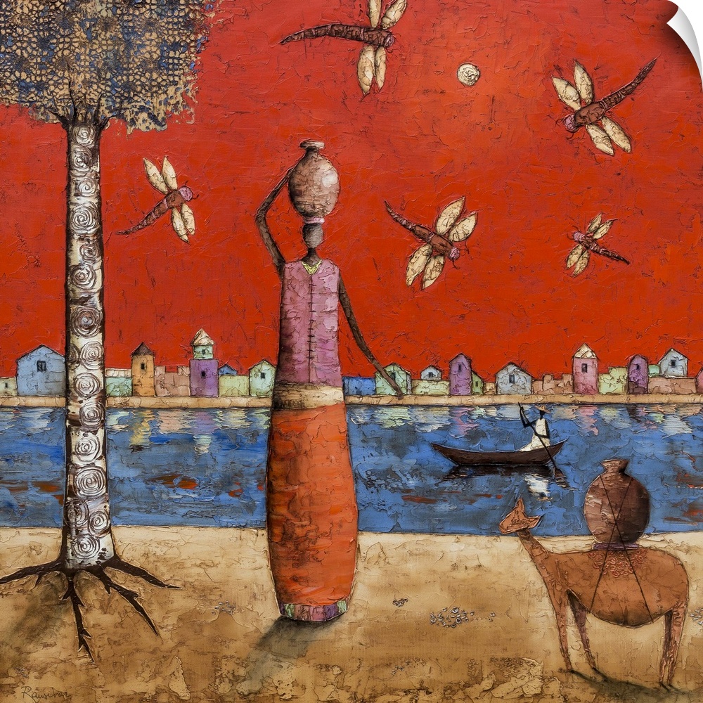 Contemporary painting of a figure carrying a jar surrounded by dragonflies.