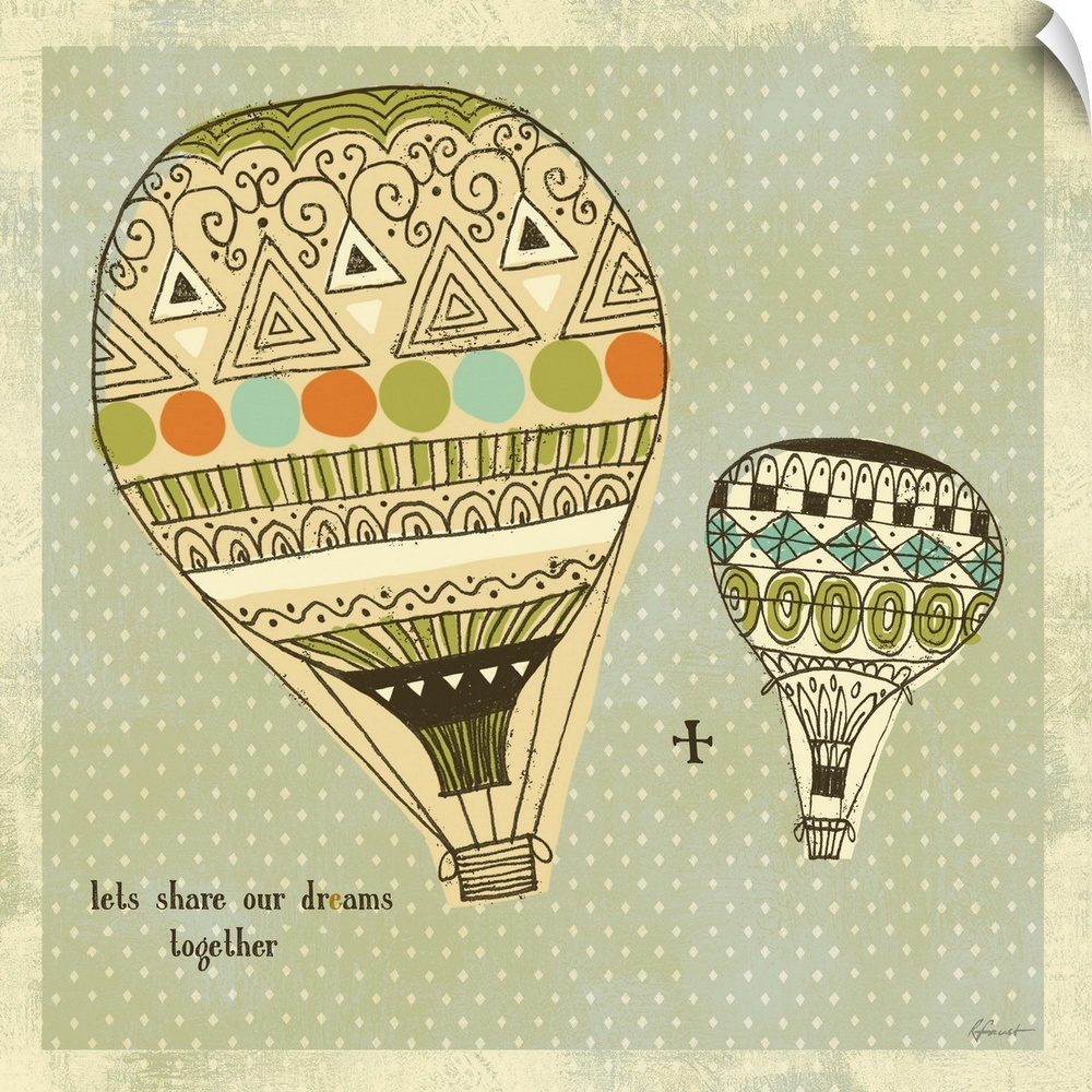 Contemporary illustration with a retro feel of hot air balloons floating against a diamond patterned background.
