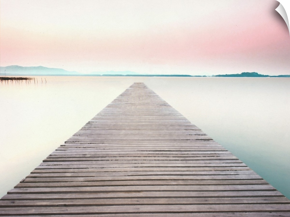 Illustration of a wooden pier leading to the middle of a clam and peaceful lake with a pink sunset above.