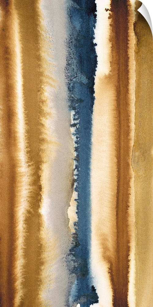 Abstract watercolor painting with vertical stripes in brown and blue.