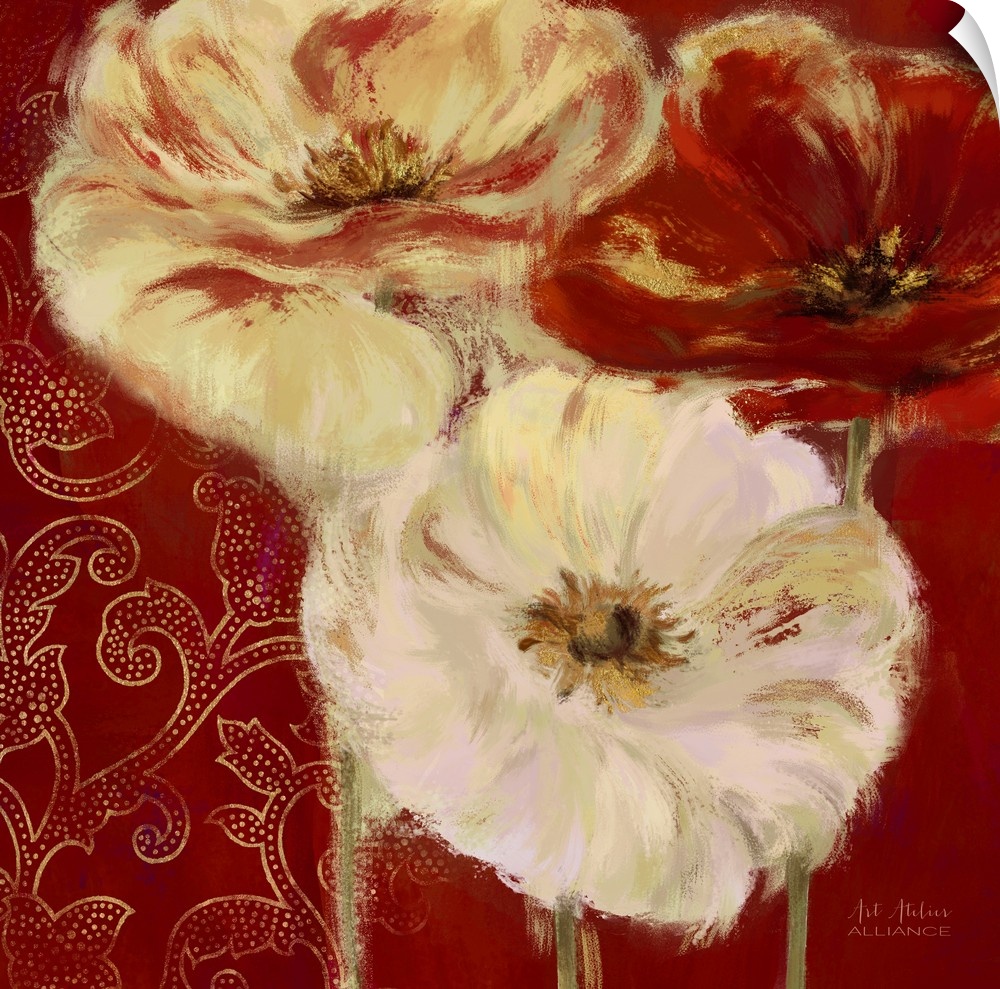 White and red poppies against a deep red background.