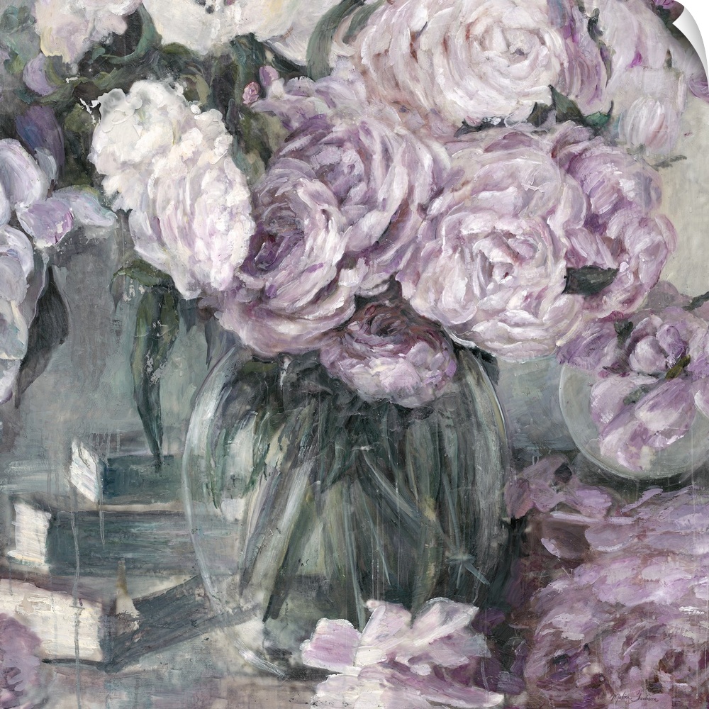 Classic-style artwork of a bouquet of lavender roses in a glass vase.