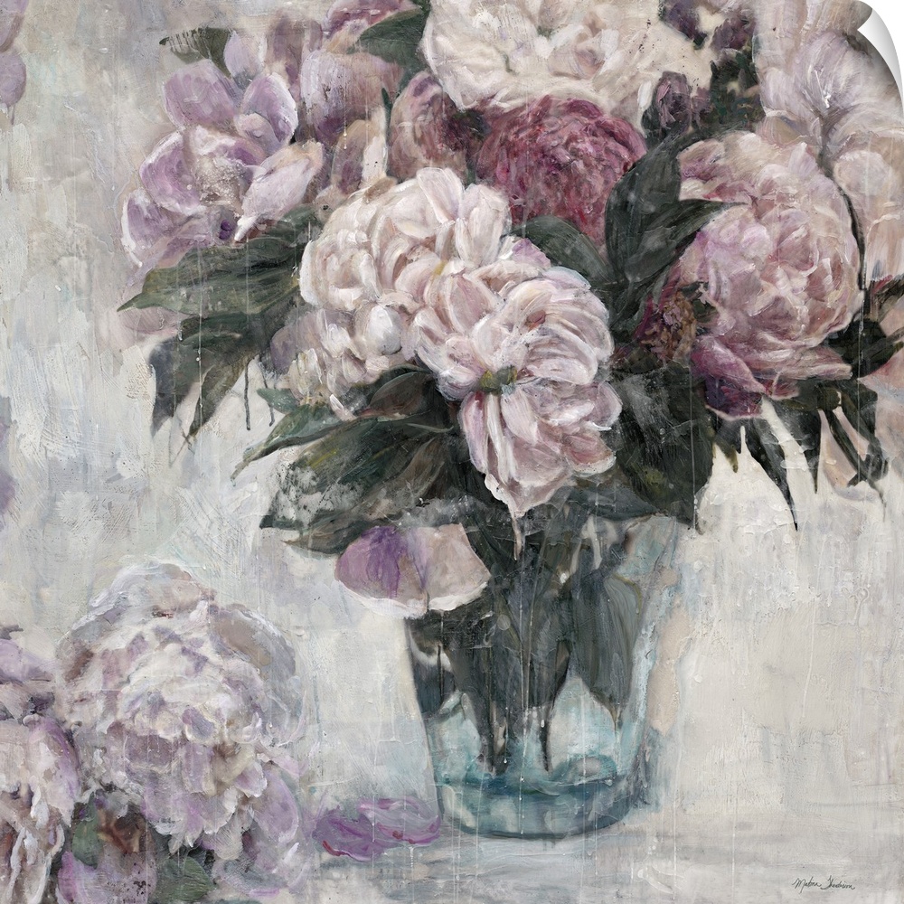 Classic-style artwork of a bouquet of lavender roses in a glass vase.