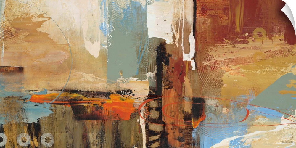 Contemporary abstract artwork using warm and cool tones mixed different textures and shapes.