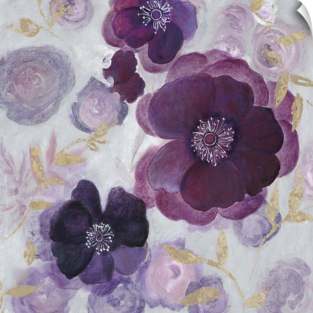 Contemporary home decor artwork of purple flowers against a pale floral background.
