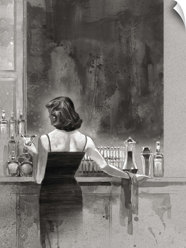 A painting done in gray scale of a woman in a dress standing at a bar, with a drink in her hand.