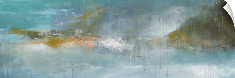 Contemporary abstract painting using tones of blue and brown to create a watery landscape.