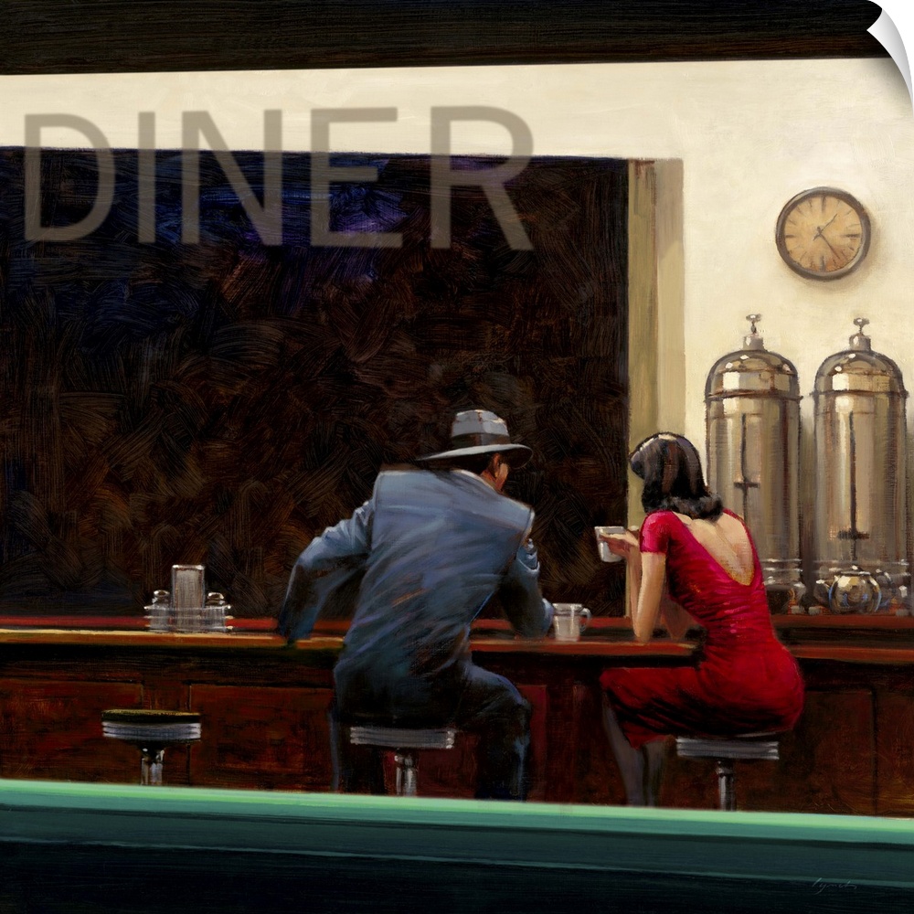 Contemporary painting looking through the window of a diner at night, with a couple sitting at the counter drinking coffee.