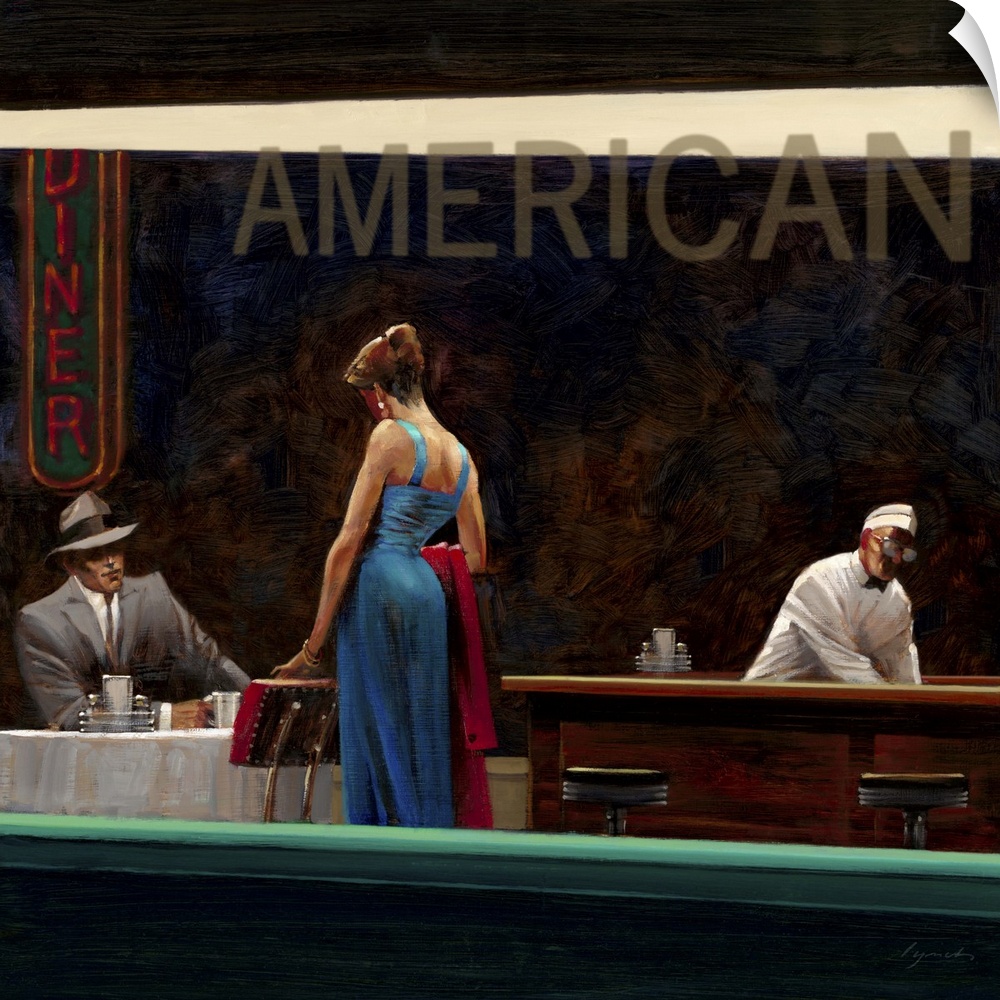Contemporary painting looking through the window of a diner at night, with a woman in a blue dress approaches a man sittin...