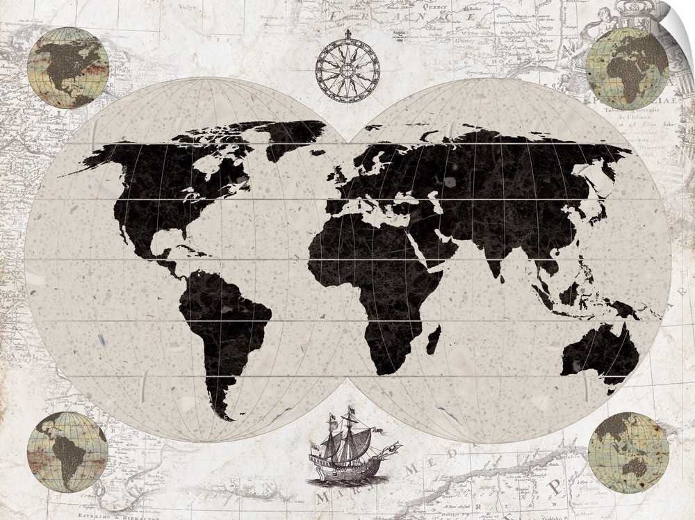 Artwork of an antique old world explorer's map, in dark brown and neutral tones.