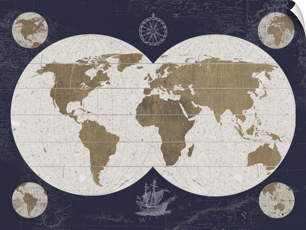 Artwork of an antique old world explorer's map, against a dark blue background.