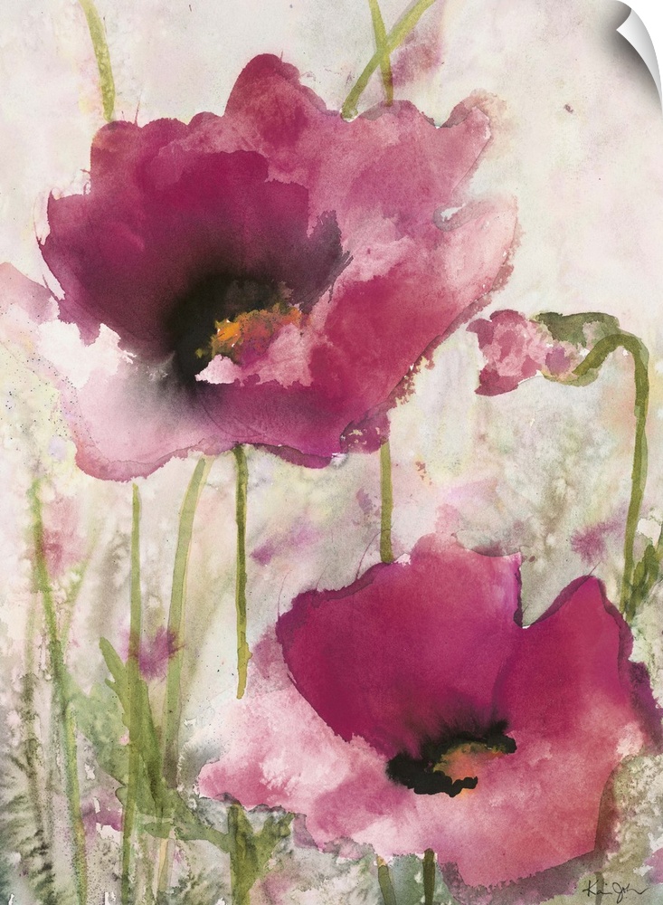 Contemporary artwork of watercolor painted pink poppies.