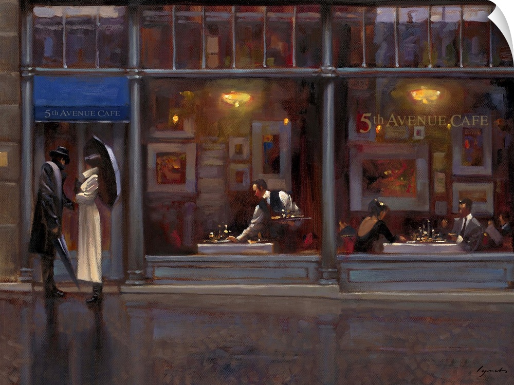Contemporary painting of a couple standing outside a restaurant door on a rainy evening.
