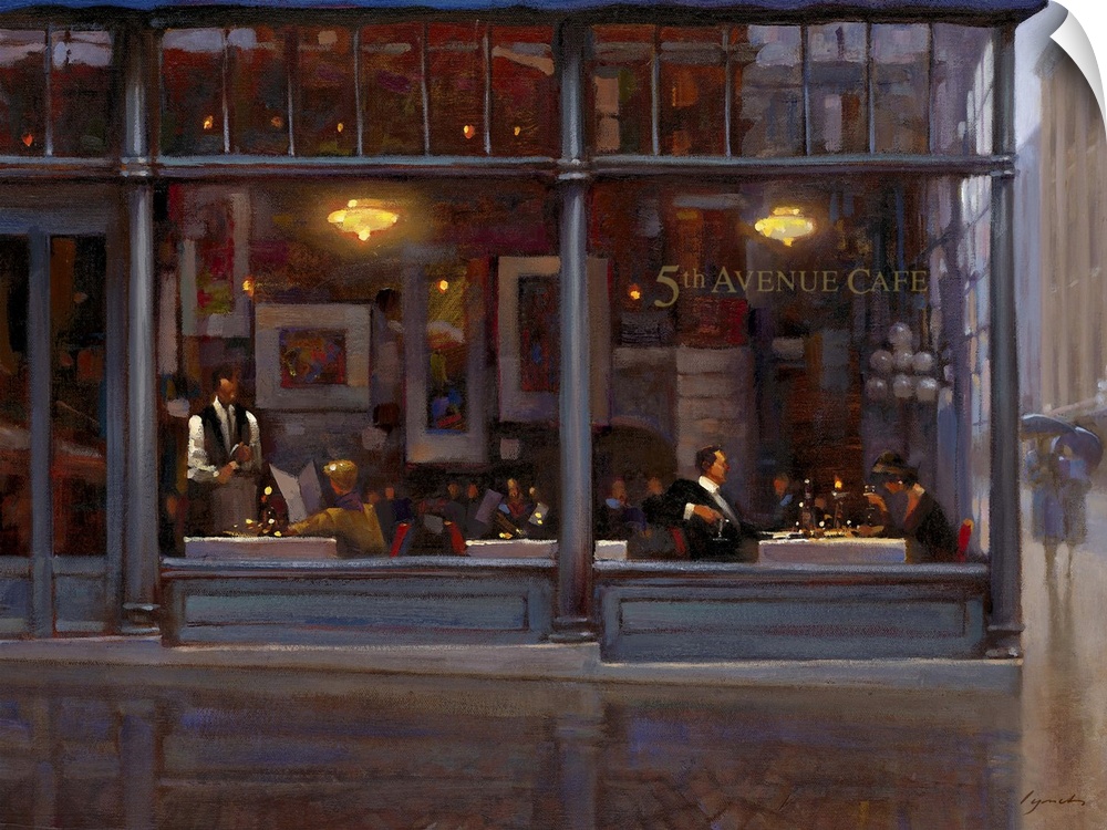 Contemporary painting of a restaurant looking through the front windows at people dining.