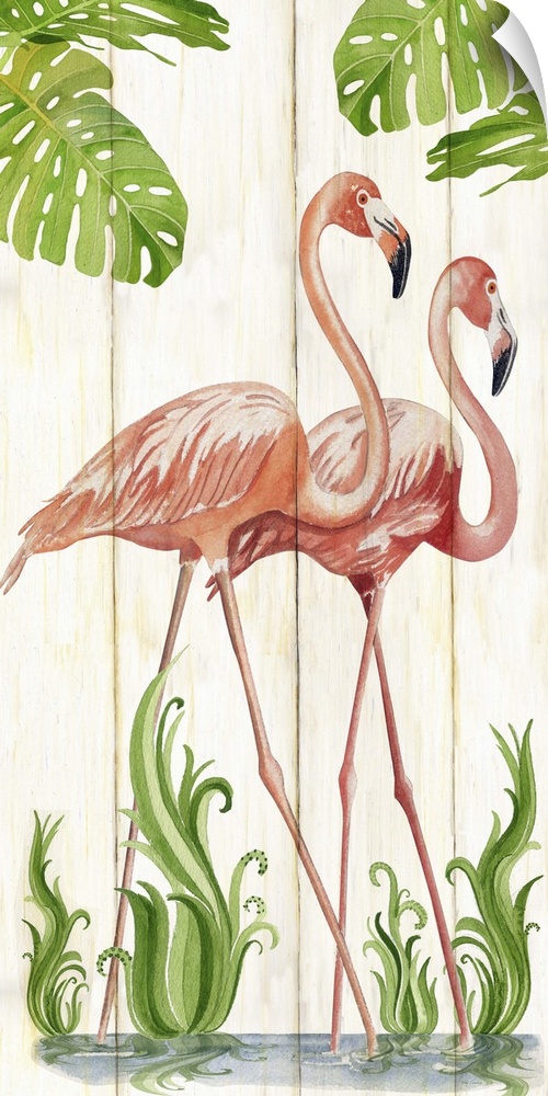 Contemporary watercolor coastal artwork of two flamingos standing side by side.