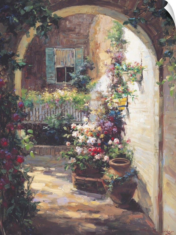 Painting of an archway with potted flowers.
