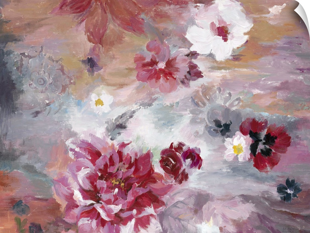 Contemporary artwork of vibrant red and soft pink flowers against a red and pale blue background.