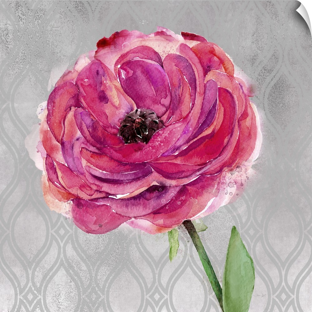 Painting of a pink, red, and purple flower on a gray and silver patterned background.