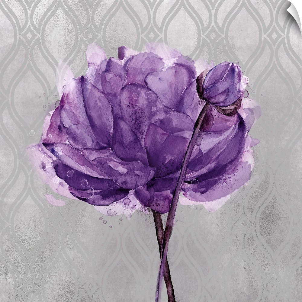 Painting of a purple flower on a gray and silver patterned background.
