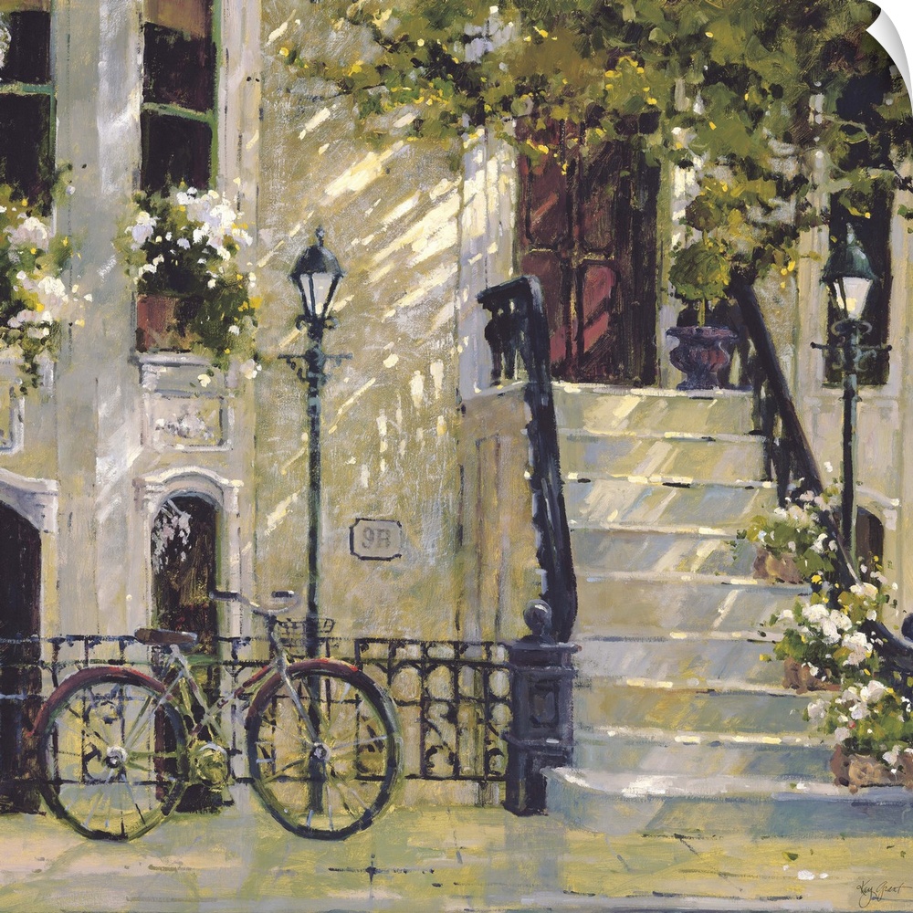 Contemporary painting of a bicycle leaning against a city street light post, outside a building.