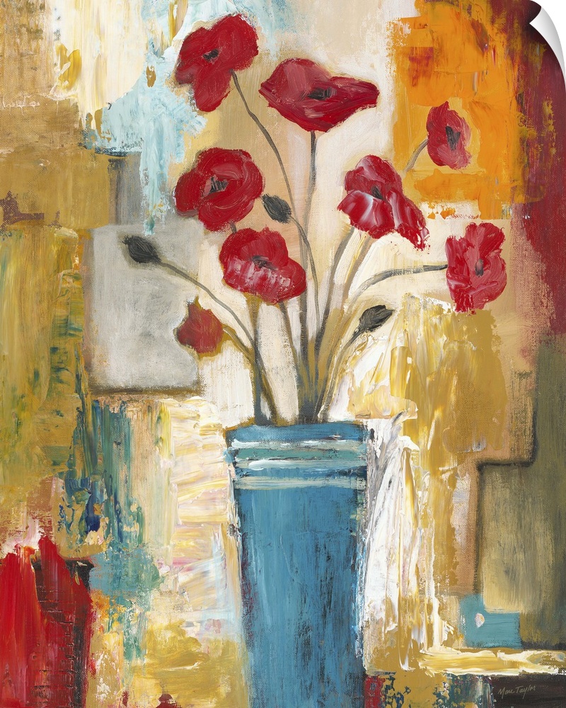 Contemporary still life painting of a blue vase filled with red poppies.