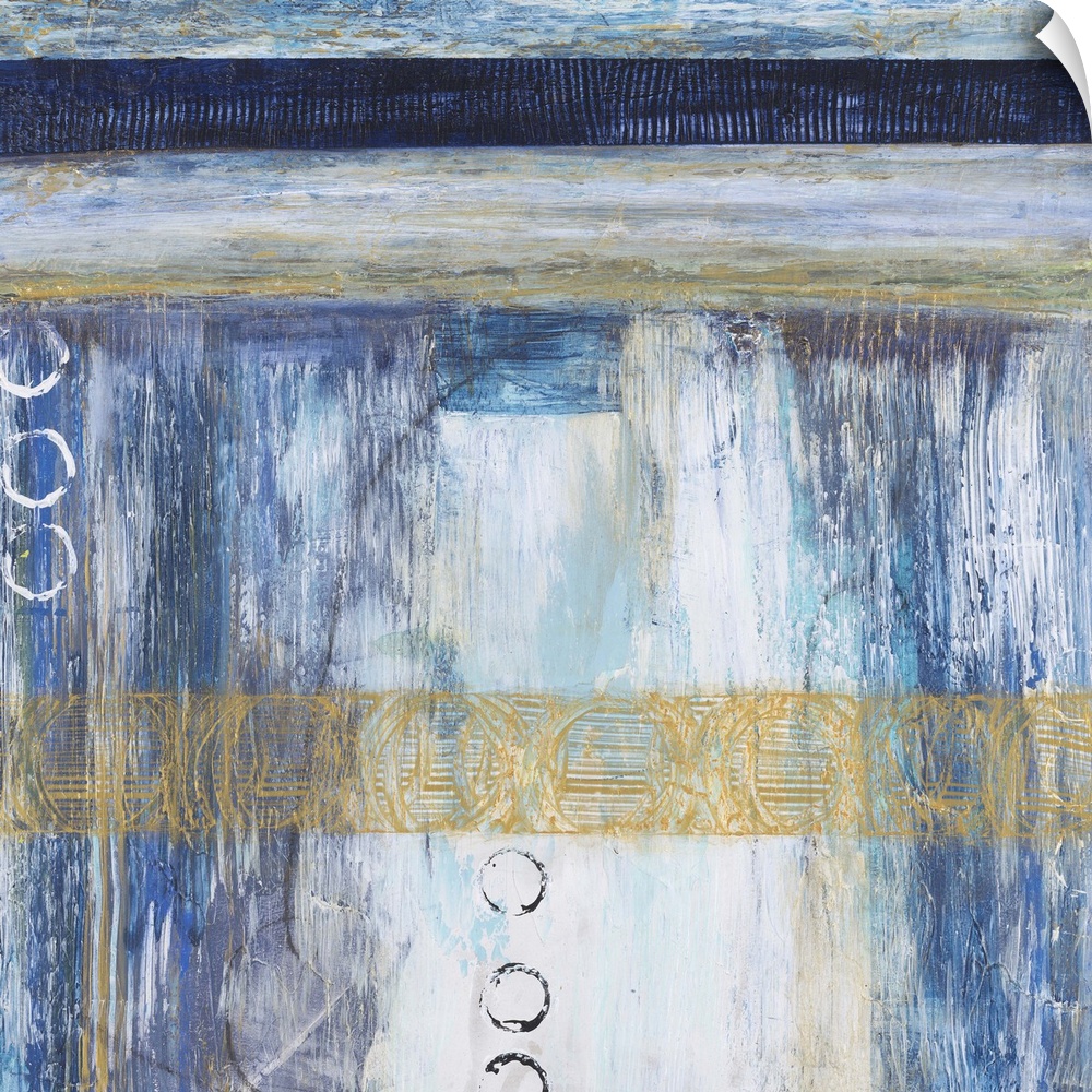 Contemporary abstract painting using blue and neutral tones with hints of gold.
