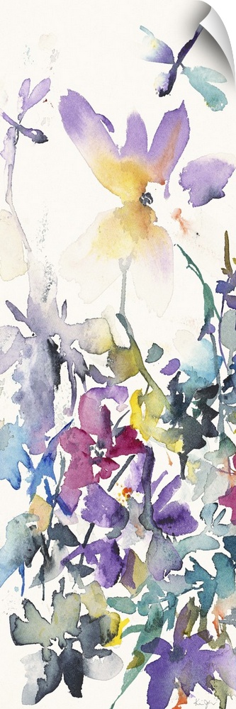 Vertical watercolor painting of a variety of flowers with dragonflies.