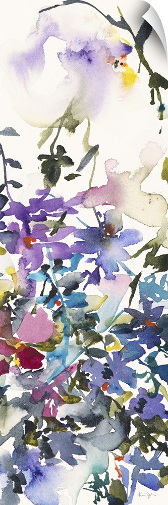 Vertical watercolor painting of a variety of flowers in a garden.